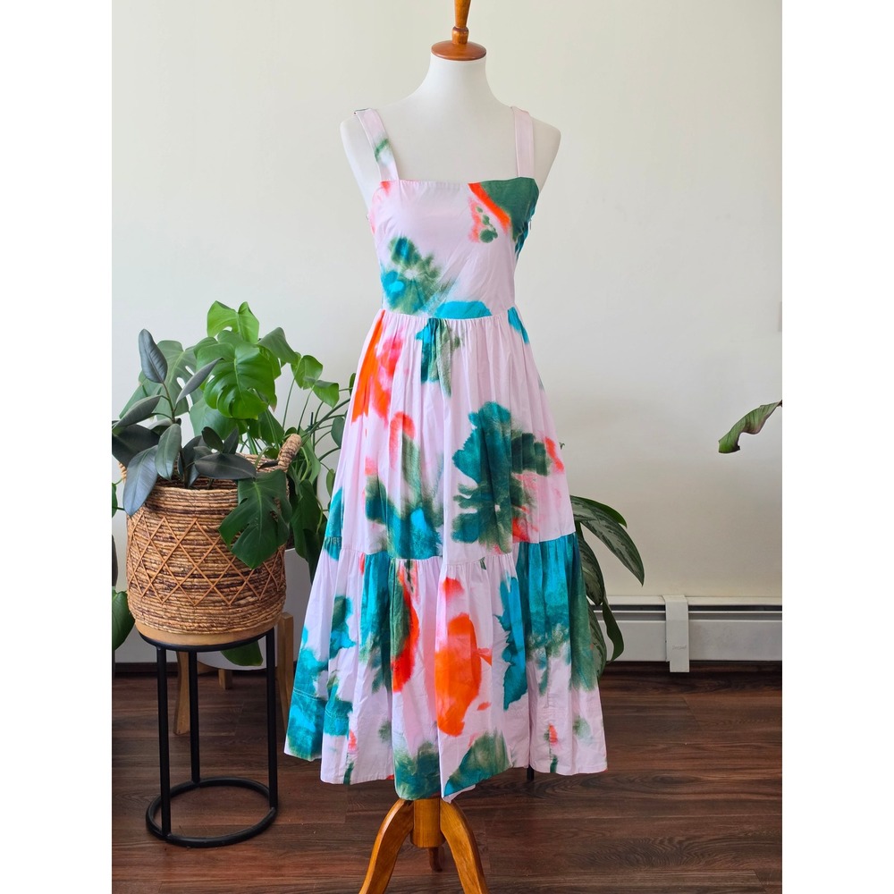 Tanya Taylor Pink Abstract Tie Dye Smocked Tiered Midi Dress Womens 2 - Picture 7 of 16